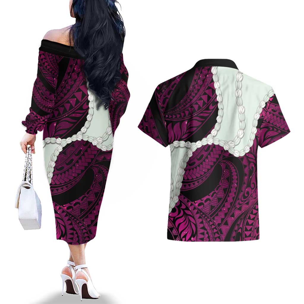 Pink Galaxy Polynesia Tribal Octopus Tattoo Couples Matching Off The Shoulder Long Sleeve Dress and Hawaiian Shirt Pikake Lei Polynesian Pattern