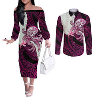 Pink Galaxy Polynesia Tribal Octopus Tattoo Couples Matching Off The Shoulder Long Sleeve Dress and Long Sleeve Button Shirt Pikake Lei Polynesian Pattern