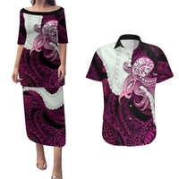 Pink Galaxy Polynesia Tribal Octopus Tattoo Couples Matching Puletasi and Hawaiian Shirt Pikake Lei Polynesian Pattern