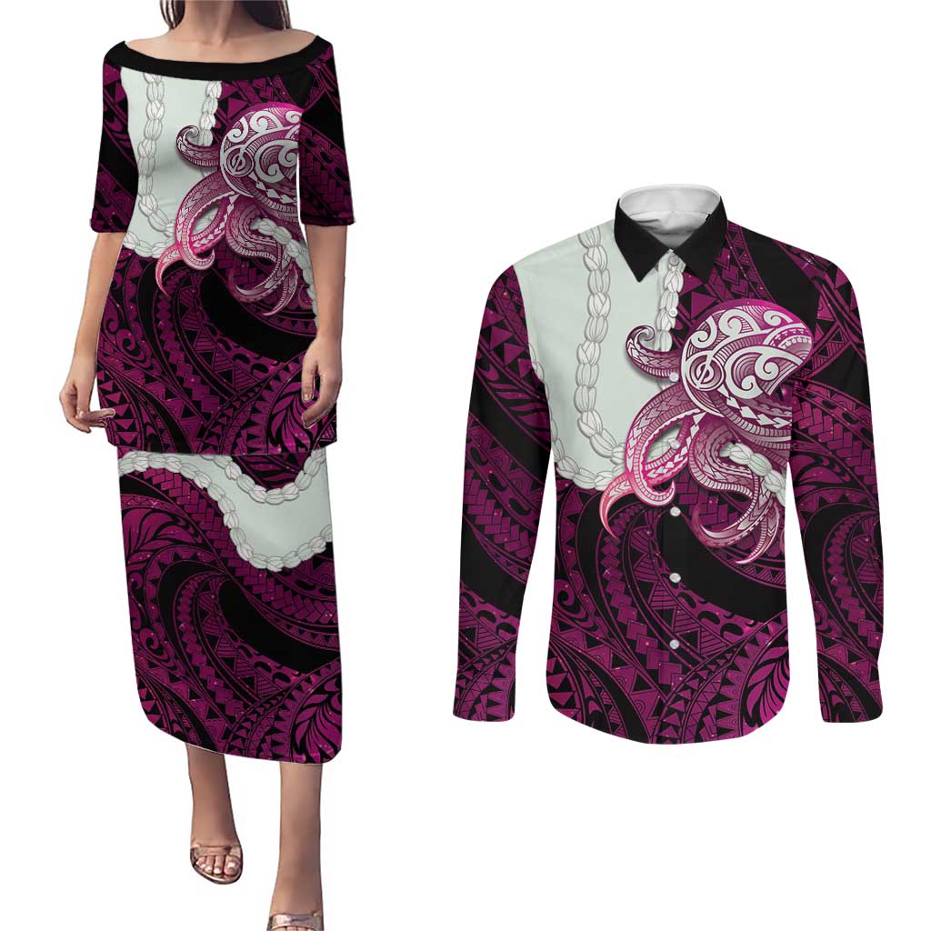 Pink Galaxy Polynesia Tribal Octopus Tattoo Couples Matching Puletasi and Long Sleeve Button Shirt Pikake Lei Polynesian Pattern