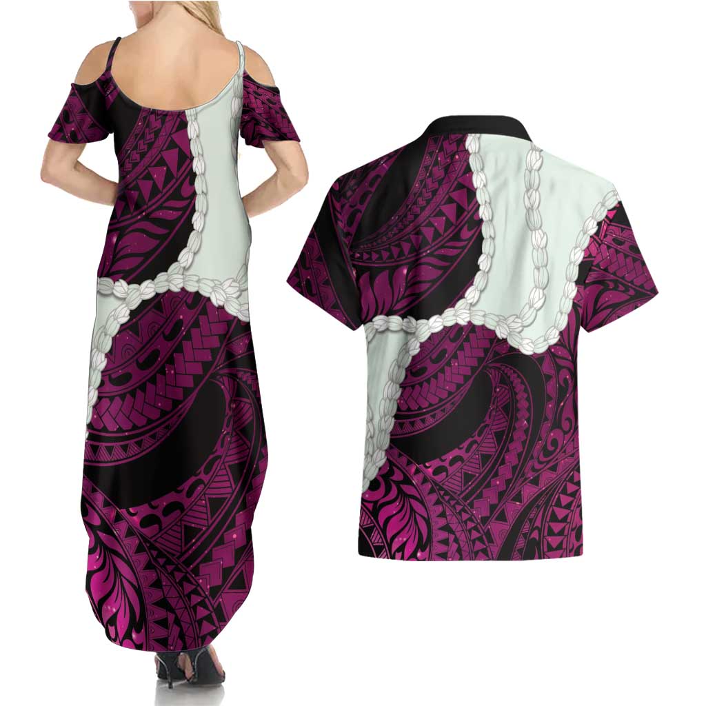 Pink Galaxy Polynesia Tribal Octopus Tattoo Couples Matching Summer Maxi Dress and Hawaiian Shirt Pikake Lei Polynesian Pattern