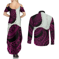 Pink Galaxy Polynesia Tribal Octopus Tattoo Couples Matching Summer Maxi Dress and Long Sleeve Button Shirt Pikake Lei Polynesian Pattern