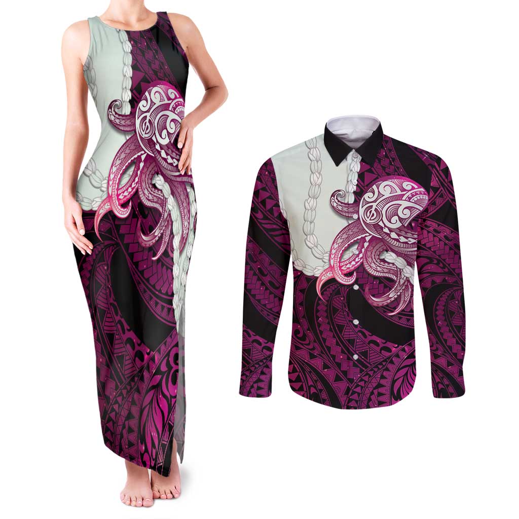 Pink Galaxy Polynesia Tribal Octopus Tattoo Couples Matching Tank Maxi Dress and Long Sleeve Button Shirt Pikake Lei Polynesian Pattern