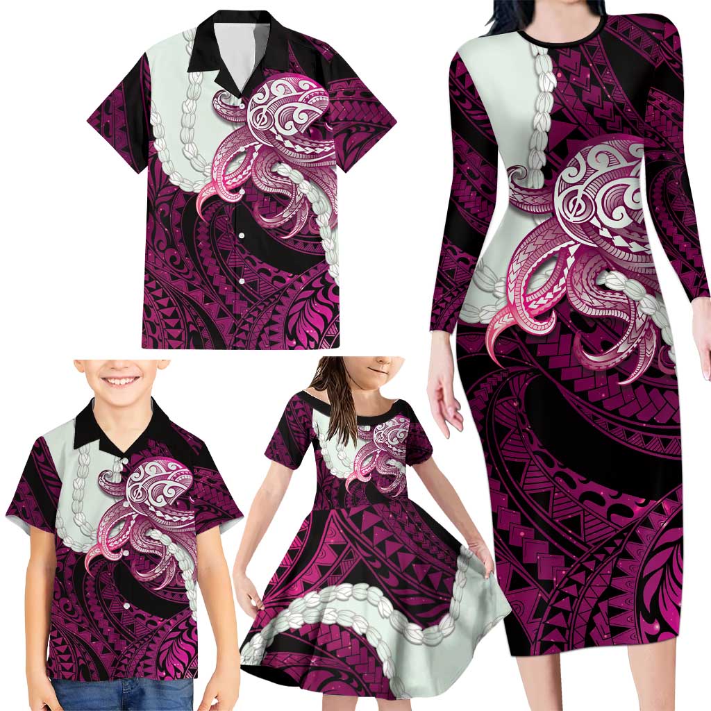 Pink Galaxy Polynesia Tribal Octopus Tattoo Family Matching Long Sleeve Bodycon Dress and Hawaiian Shirt Pikake Lei Polynesian Pattern