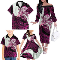 Pink Galaxy Polynesia Tribal Octopus Tattoo Family Matching Off The Shoulder Long Sleeve Dress and Hawaiian Shirt Pikake Lei Polynesian Pattern