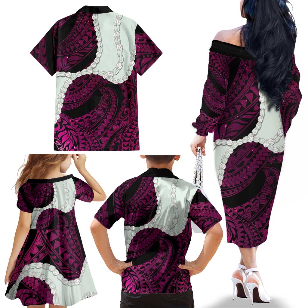 Pink Galaxy Polynesia Tribal Octopus Tattoo Family Matching Off The Shoulder Long Sleeve Dress and Hawaiian Shirt Pikake Lei Polynesian Pattern