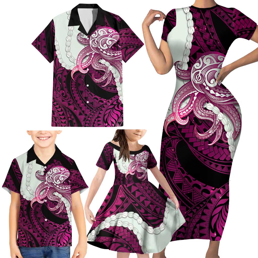 Pink Galaxy Polynesia Tribal Octopus Tattoo Family Matching Short Sleeve Bodycon Dress and Hawaiian Shirt Pikake Lei Polynesian Pattern