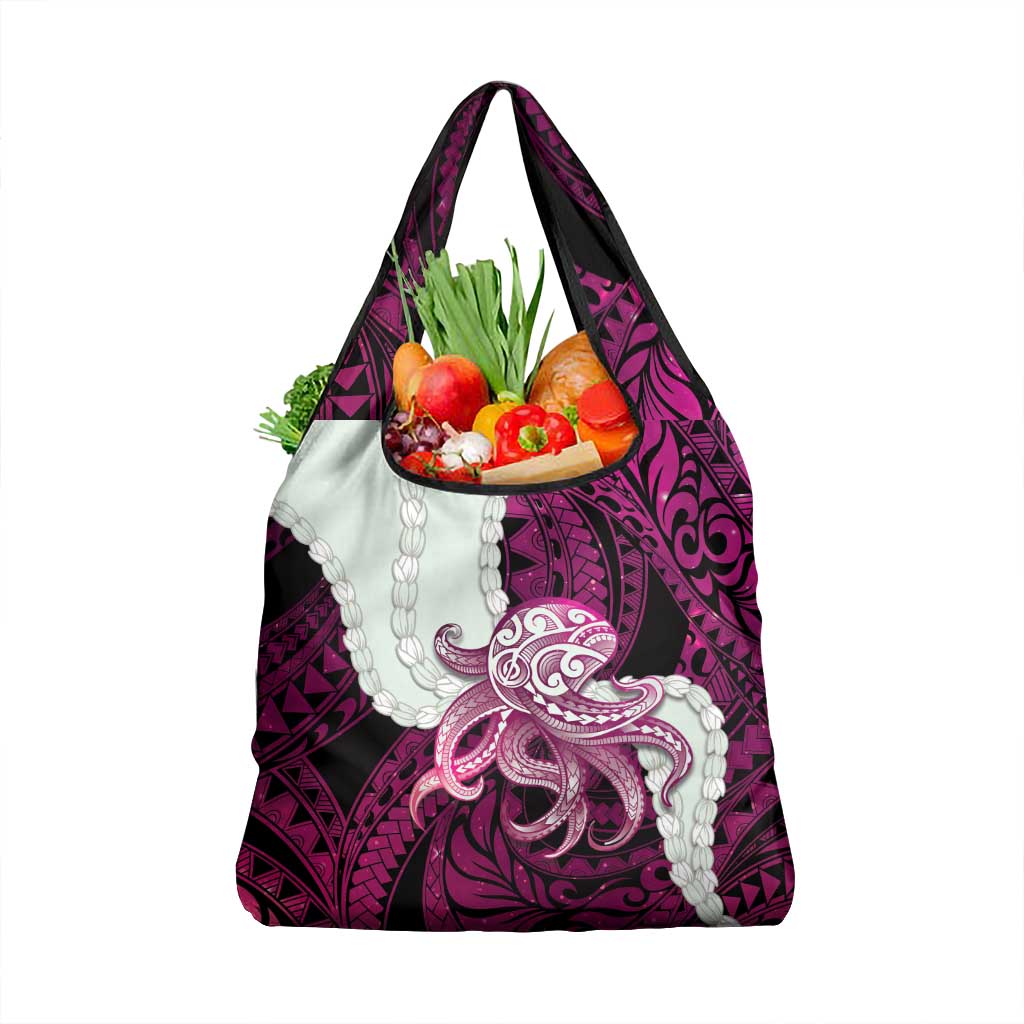 Pink Galaxy Polynesia Tribal Octopus Tattoo Grocery Bag Pikake Lei Polynesian Pattern