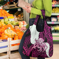 Pink Galaxy Polynesia Tribal Octopus Tattoo Grocery Bag Pikake Lei Polynesian Pattern