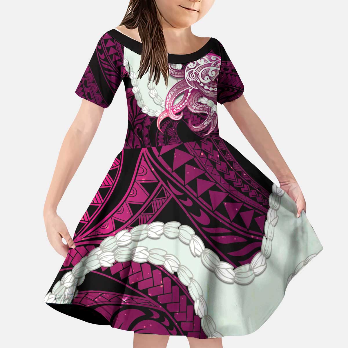 Pink Galaxy Polynesia Tribal Octopus Tattoo Kid Short Sleeve Dress Pikake Lei Polynesian Pattern