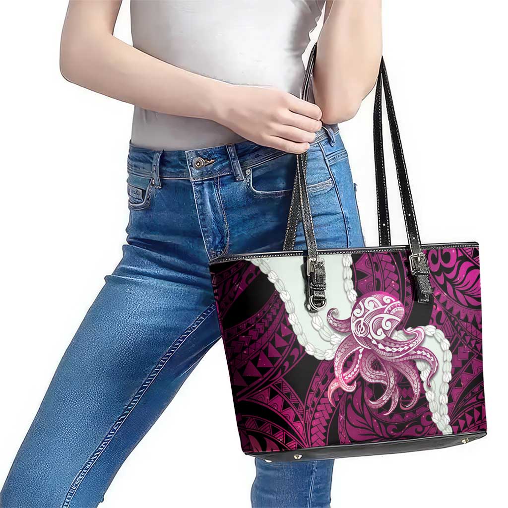 Pink Galaxy Polynesia Tribal Octopus Tattoo Leather Tote Bag Pikake Lei Polynesian Pattern