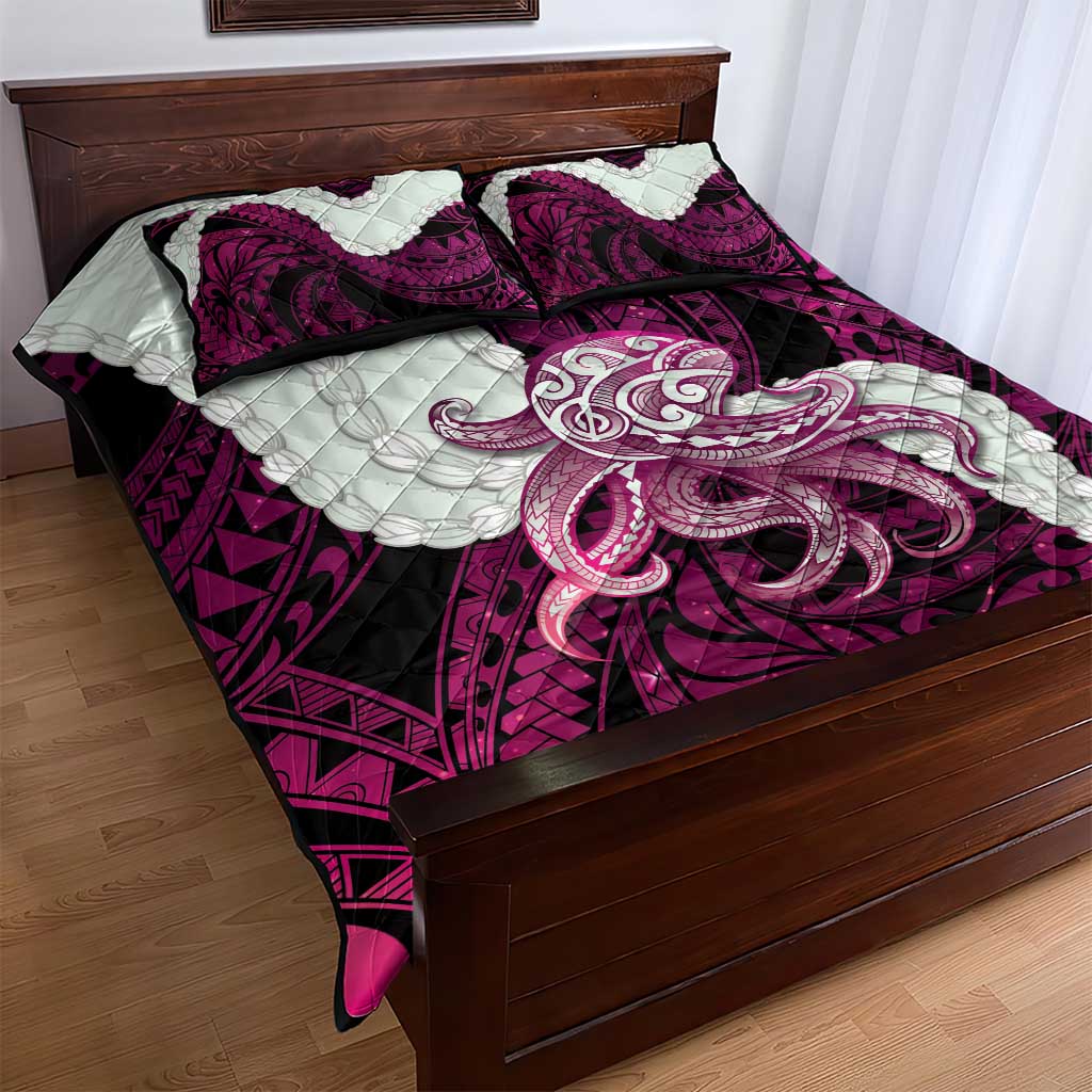 Pink Galaxy Polynesia Tribal Octopus Tattoo Quilt Bed Set Pikake Lei Polynesian Pattern
