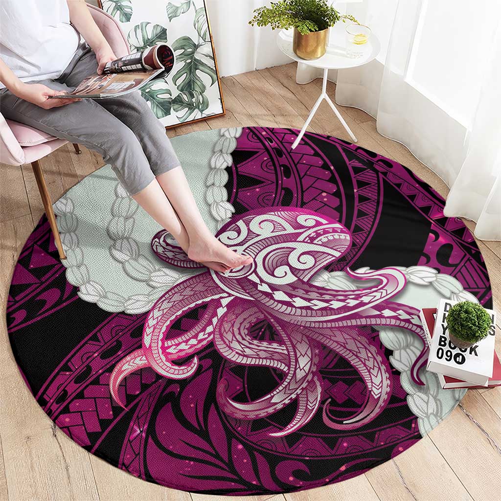 Pink Galaxy Polynesia Tribal Octopus Tattoo Round Carpet Pikake Lei Polynesian Pattern