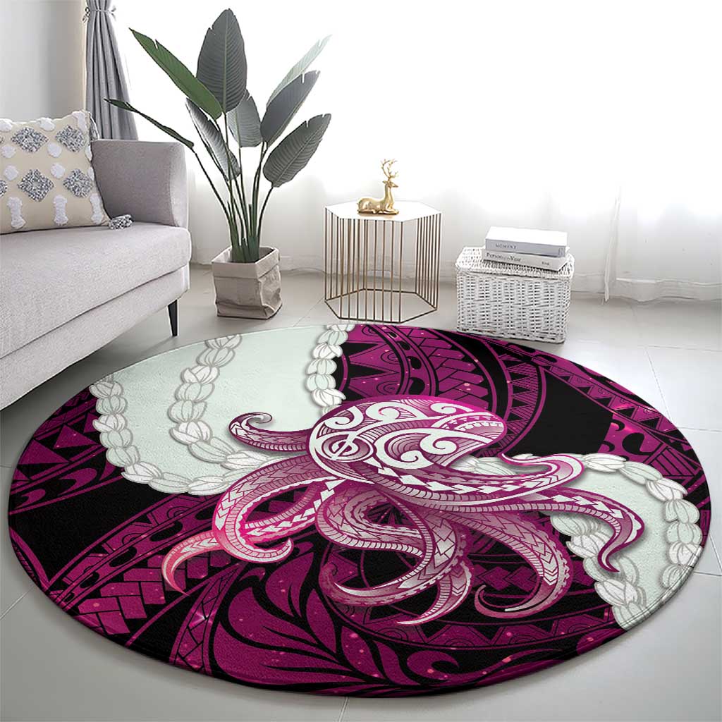 Pink Galaxy Polynesia Tribal Octopus Tattoo Round Carpet Pikake Lei Polynesian Pattern