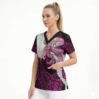Pink Galaxy Polynesia Tribal Octopus Tattoo Scrub Top Pikake Lei Polynesian Pattern