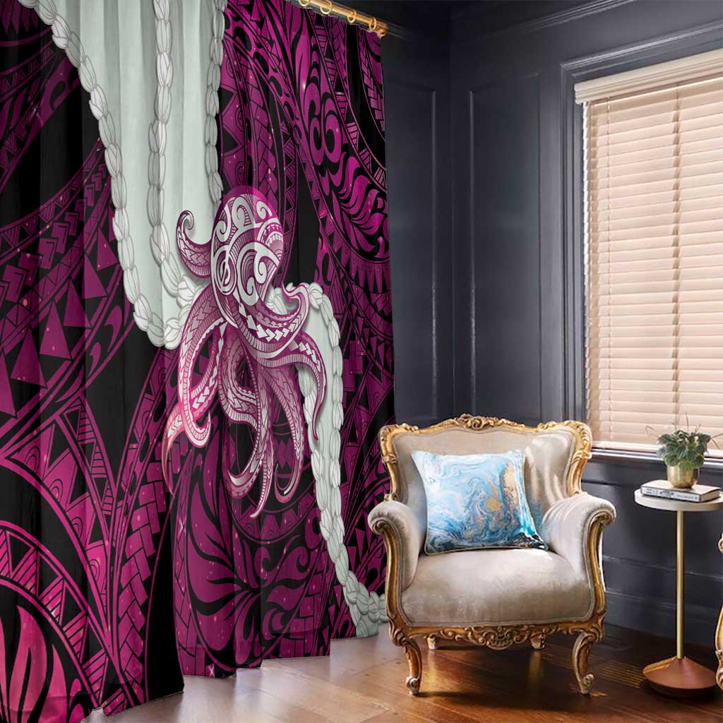 Pink Galaxy Polynesia Tribal Octopus Tattoo Window Curtain Pikake Lei Polynesian Pattern