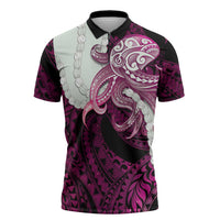 Pink Galaxy Polynesia Tribal Octopus Tattoo Zipper Polo Shirt Pikake Lei Polynesian Pattern