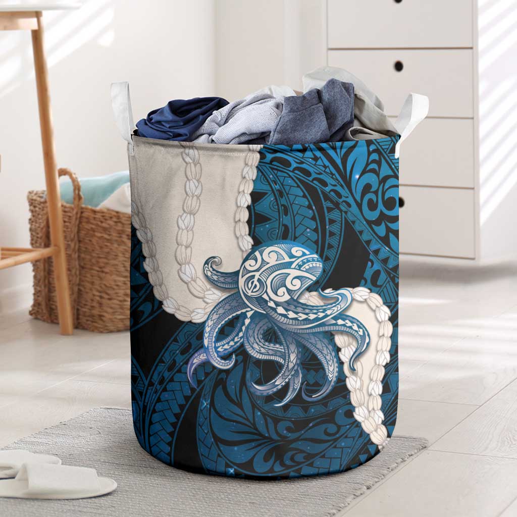 Blue Galaxy Polynesia Tribal Octopus Tattoo Laundry Basket Pikake Lei Polynesian Pattern