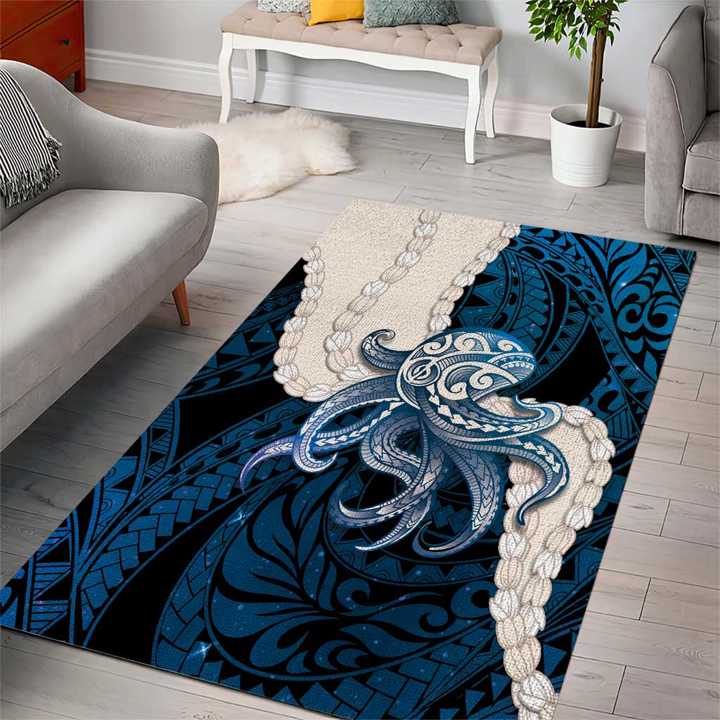 Blue Galaxy Polynesia Tribal Octopus Tattoo Area Rug Pikake Lei Polynesian Pattern
