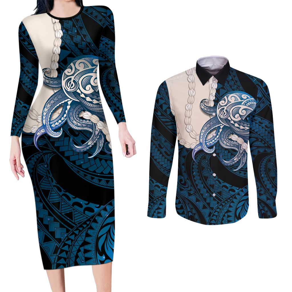 Blue Galaxy Polynesia Tribal Octopus Tattoo Couples Matching Long Sleeve Bodycon Dress and Long Sleeve Button Shirt Pikake Lei Polynesian Pattern
