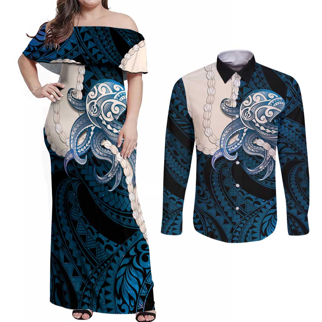 Blue Galaxy Polynesia Tribal Octopus Tattoo Couples Matching Off Shoulder Maxi Dress and Long Sleeve Button Shirt Pikake Lei Polynesian Pattern