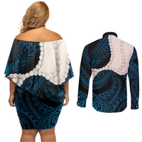Blue Galaxy Polynesia Tribal Octopus Tattoo Couples Matching Off Shoulder Short Dress and Long Sleeve Button Shirt Pikake Lei Polynesian Pattern