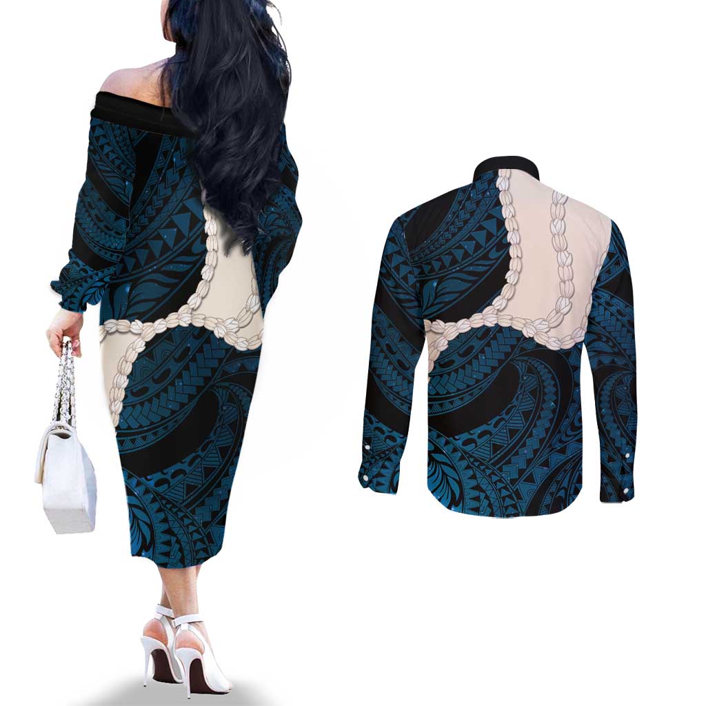 Blue Galaxy Polynesia Tribal Octopus Tattoo Couples Matching Off The Shoulder Long Sleeve Dress and Long Sleeve Button Shirt Pikake Lei Polynesian Pattern
