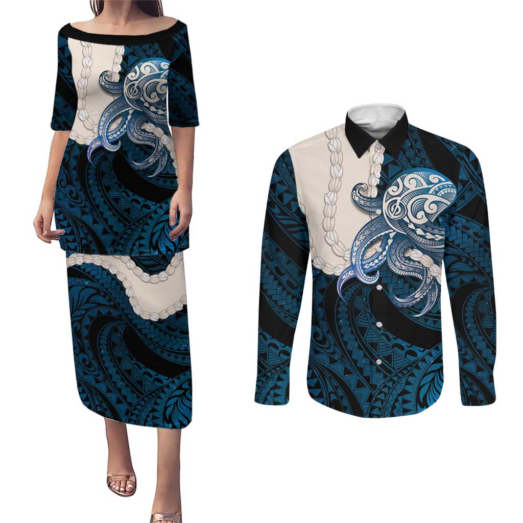 Blue Galaxy Polynesia Tribal Octopus Tattoo Couples Matching Puletasi and Long Sleeve Button Shirt Pikake Lei Polynesian Pattern