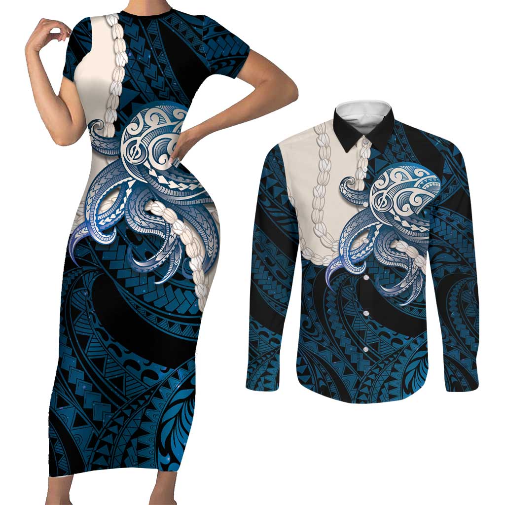 Blue Galaxy Polynesia Tribal Octopus Tattoo Couples Matching Short Sleeve Bodycon Dress and Long Sleeve Button Shirt Pikake Lei Polynesian Pattern