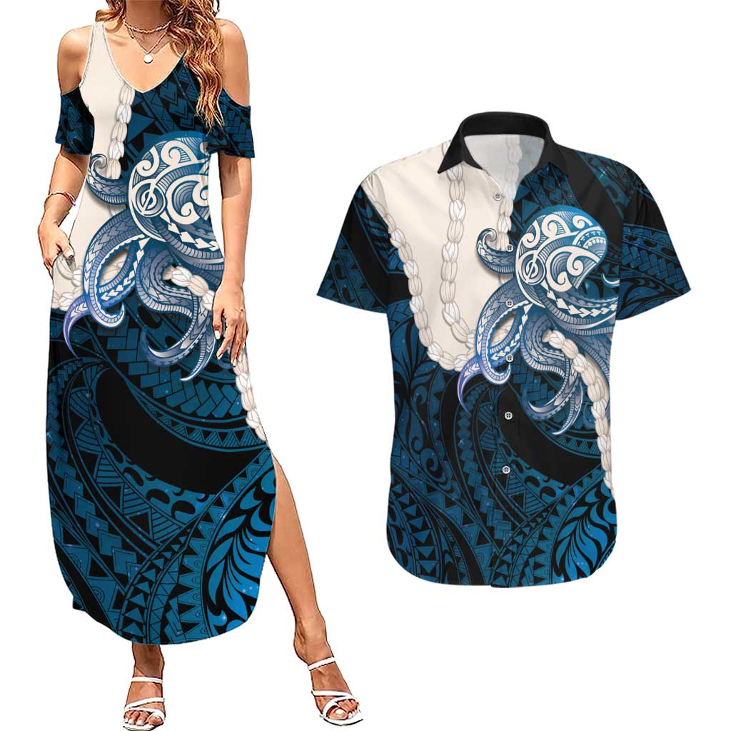 Blue Galaxy Polynesia Tribal Octopus Tattoo Couples Matching Summer Maxi Dress and Hawaiian Shirt Pikake Lei Polynesian Pattern