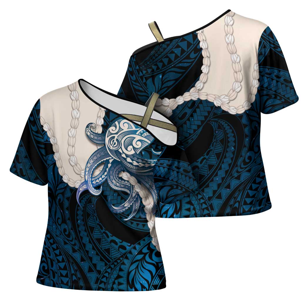 Blue Galaxy Polynesia Tribal Octopus Tattoo Cross Shoulder Shirt Pikake Lei Polynesian Pattern