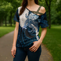 Blue Galaxy Polynesia Tribal Octopus Tattoo Cross Shoulder Shirt Pikake Lei Polynesian Pattern