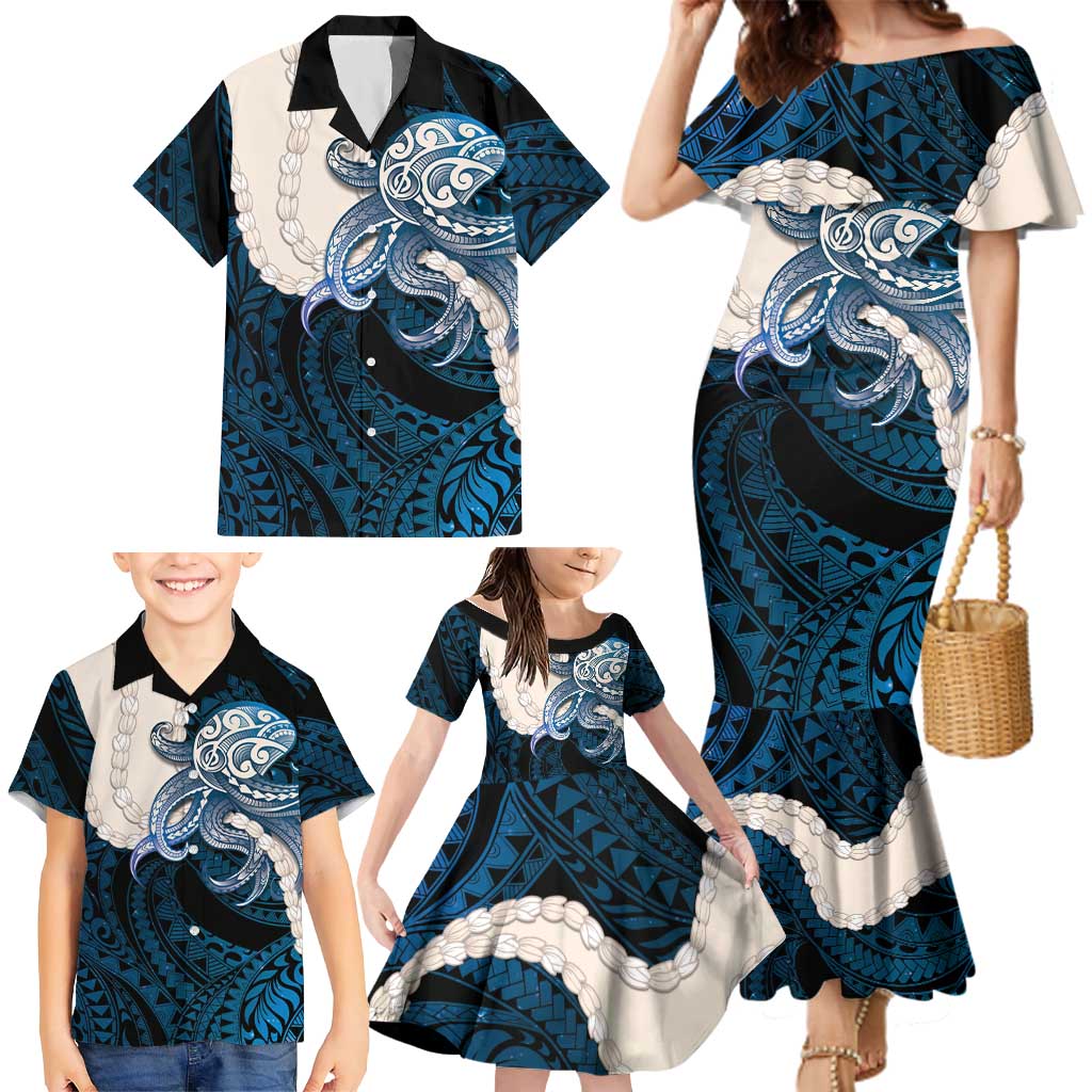 Blue Galaxy Polynesia Tribal Octopus Tattoo Family Matching Mermaid Dress and Hawaiian Shirt Pikake Lei Polynesian Pattern