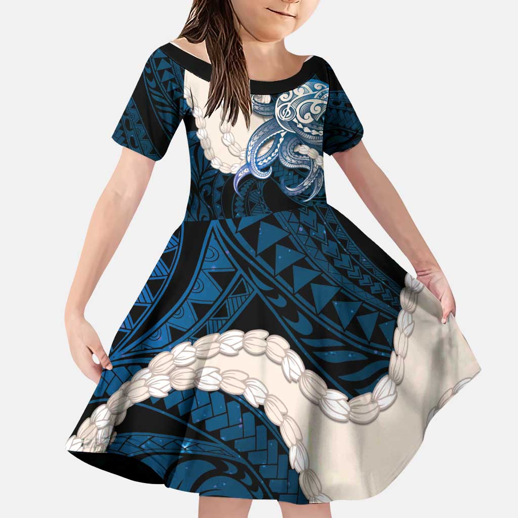 Blue Galaxy Polynesia Tribal Octopus Tattoo Family Matching Off The Shoulder Long Sleeve Dress and Hawaiian Shirt Pikake Lei Polynesian Pattern