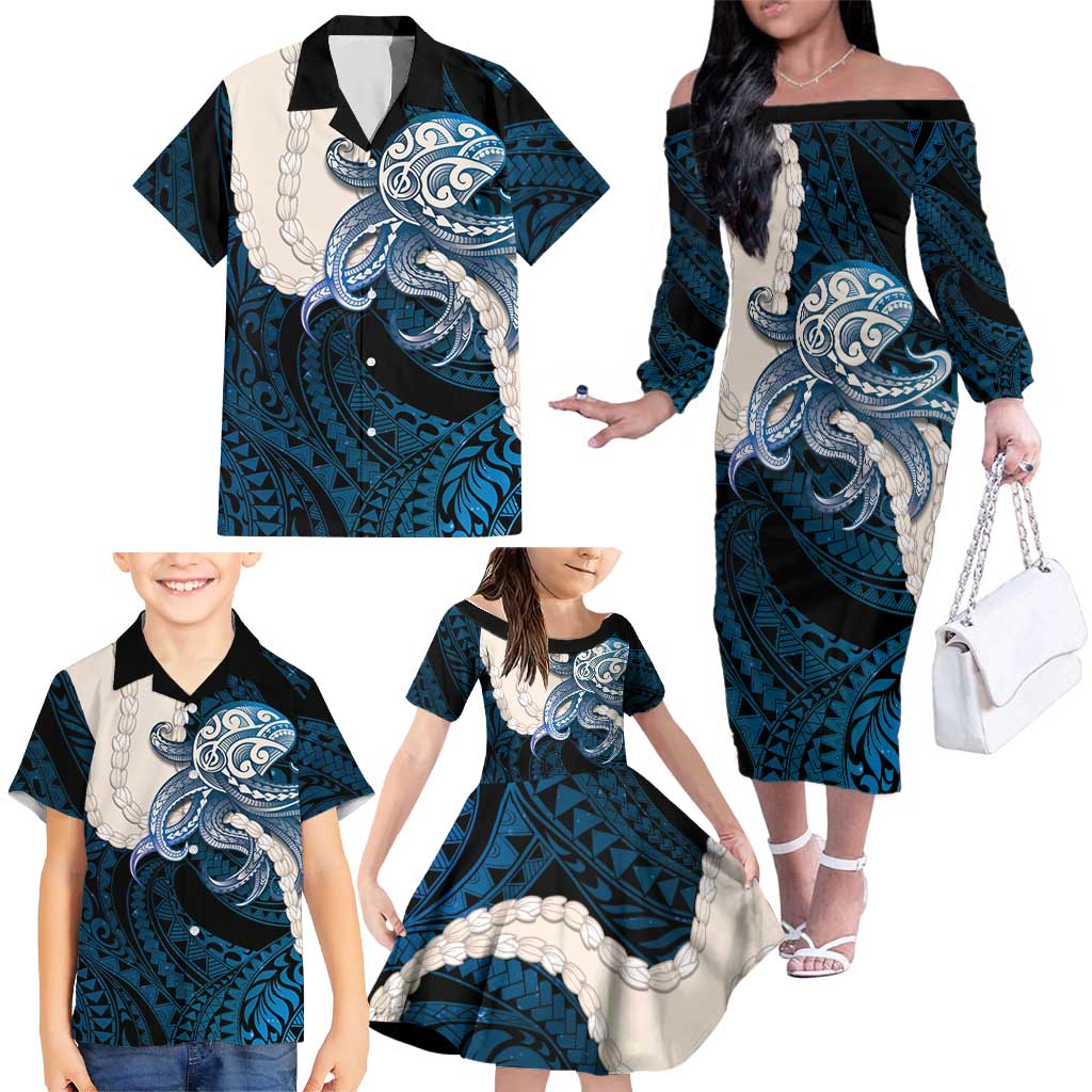 Blue Galaxy Polynesia Tribal Octopus Tattoo Family Matching Off The Shoulder Long Sleeve Dress and Hawaiian Shirt Pikake Lei Polynesian Pattern