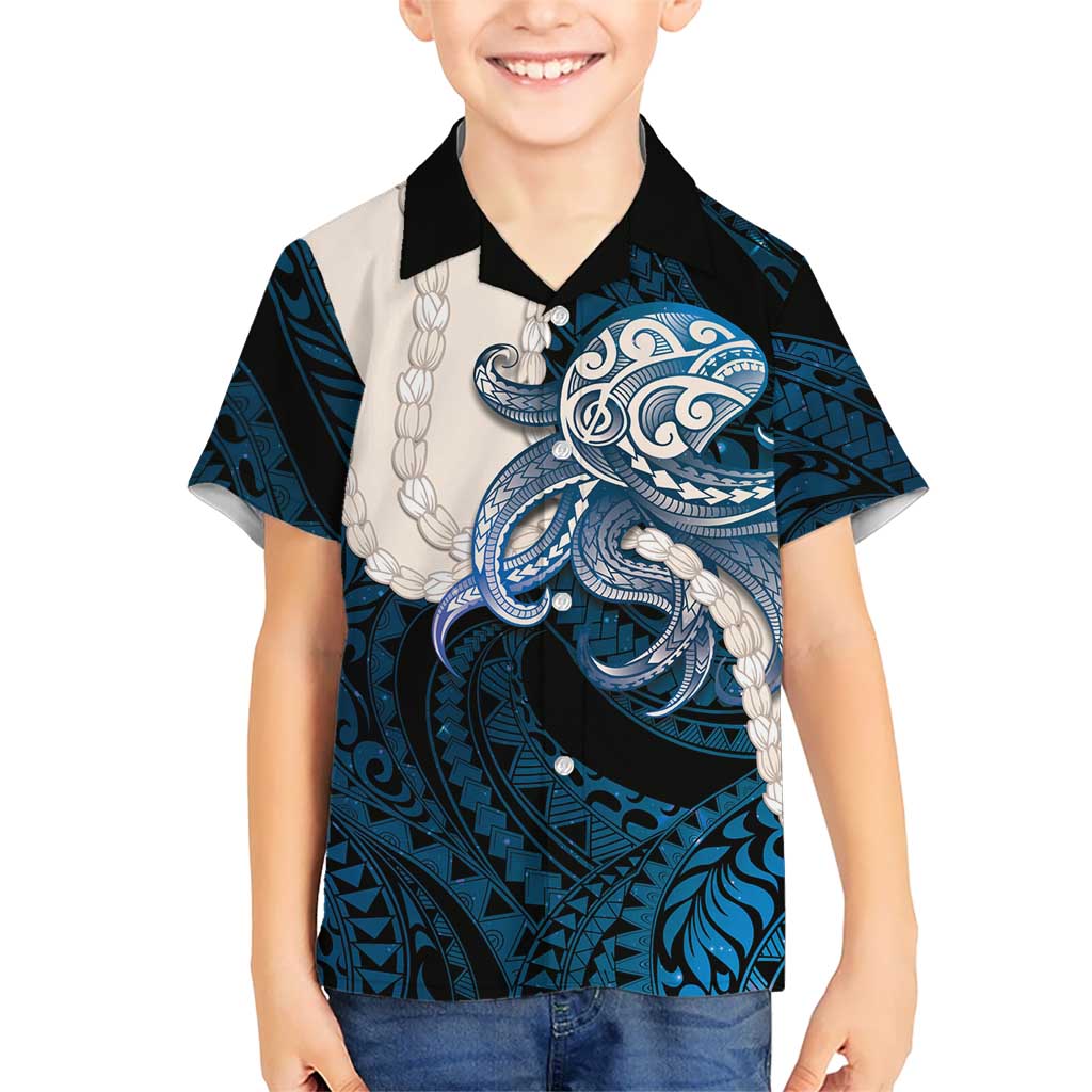 Blue Galaxy Polynesia Tribal Octopus Tattoo Family Matching Off The Shoulder Long Sleeve Dress and Hawaiian Shirt Pikake Lei Polynesian Pattern