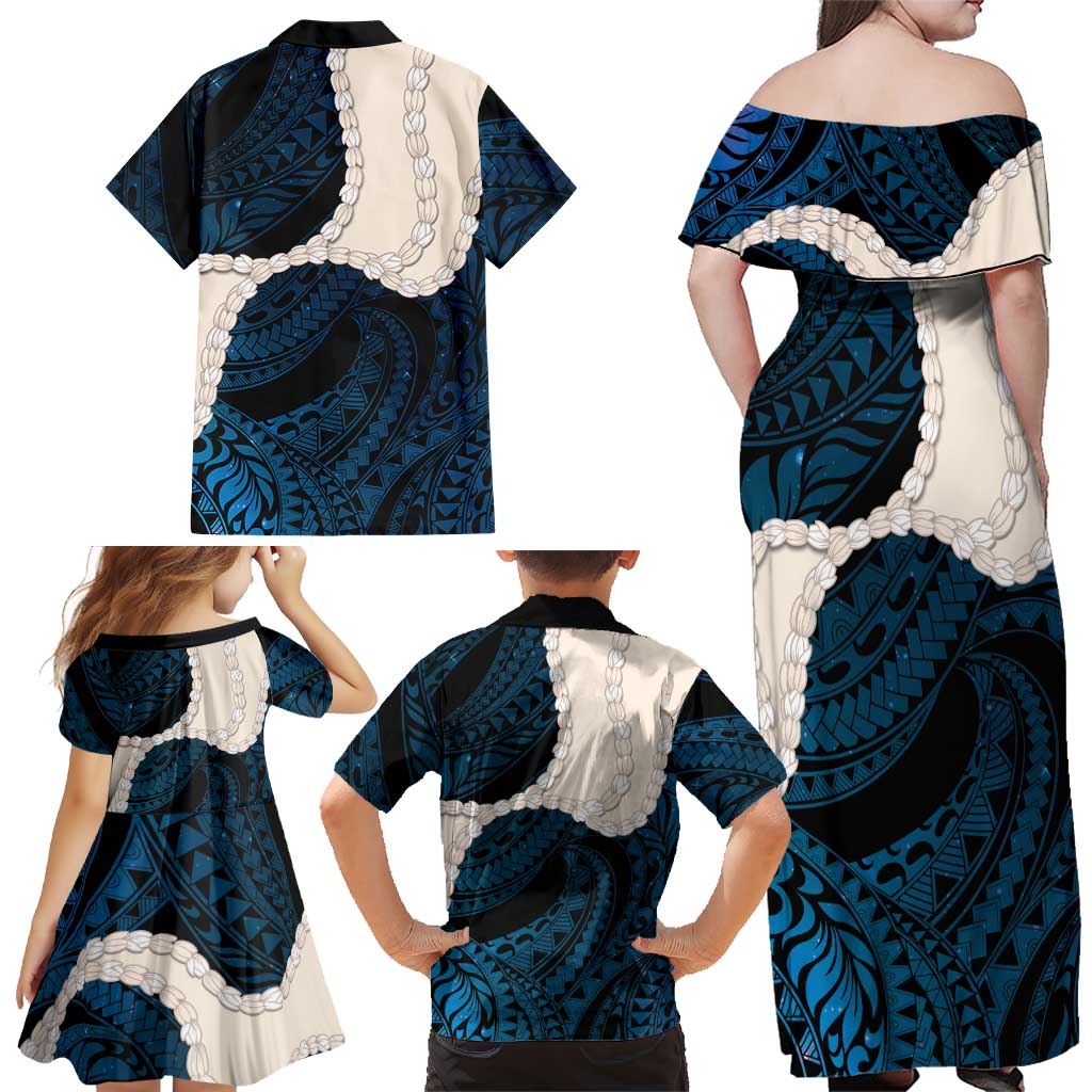Blue Galaxy Polynesia Tribal Octopus Tattoo Family Matching Off Shoulder Maxi Dress and Hawaiian Shirt Pikake Lei Polynesian Pattern