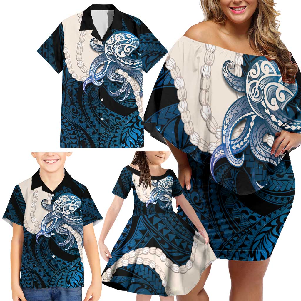 Blue Galaxy Polynesia Tribal Octopus Tattoo Family Matching Off Shoulder Short Dress and Hawaiian Shirt Pikake Lei Polynesian Pattern
