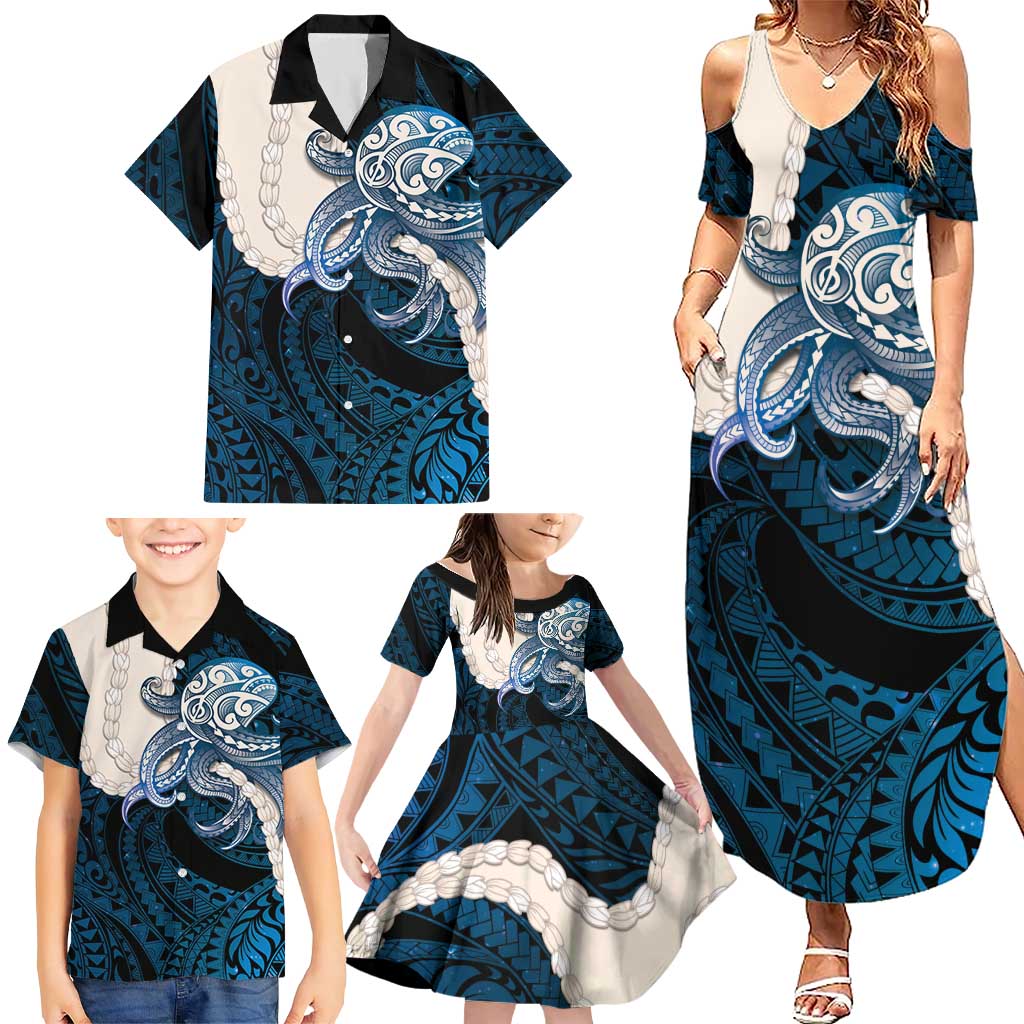 Blue Galaxy Polynesia Tribal Octopus Tattoo Family Matching Summer Maxi Dress and Hawaiian Shirt Pikake Lei Polynesian Pattern
