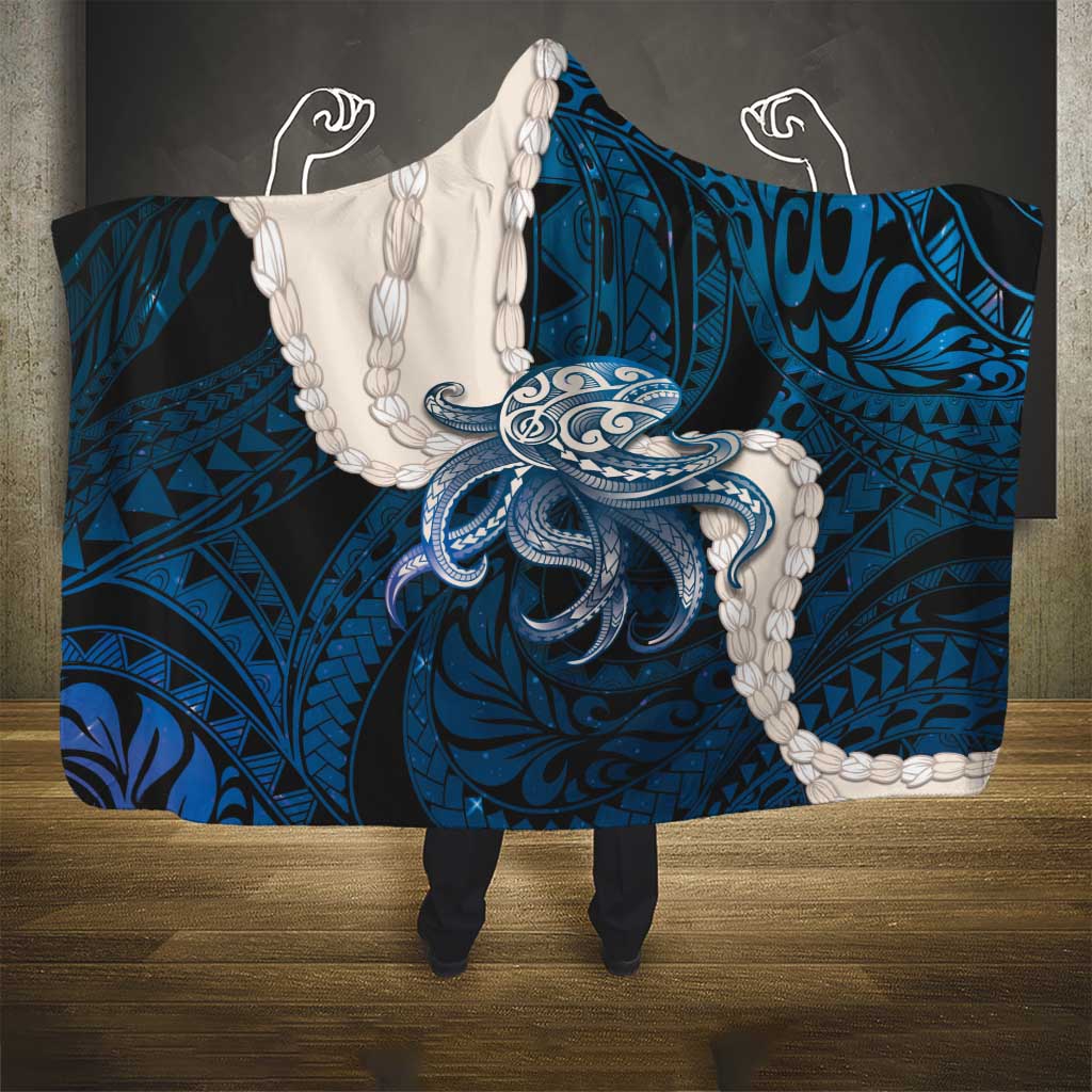 Blue Galaxy Polynesia Tribal Octopus Tattoo Hooded Blanket Pikake Lei Polynesian Pattern