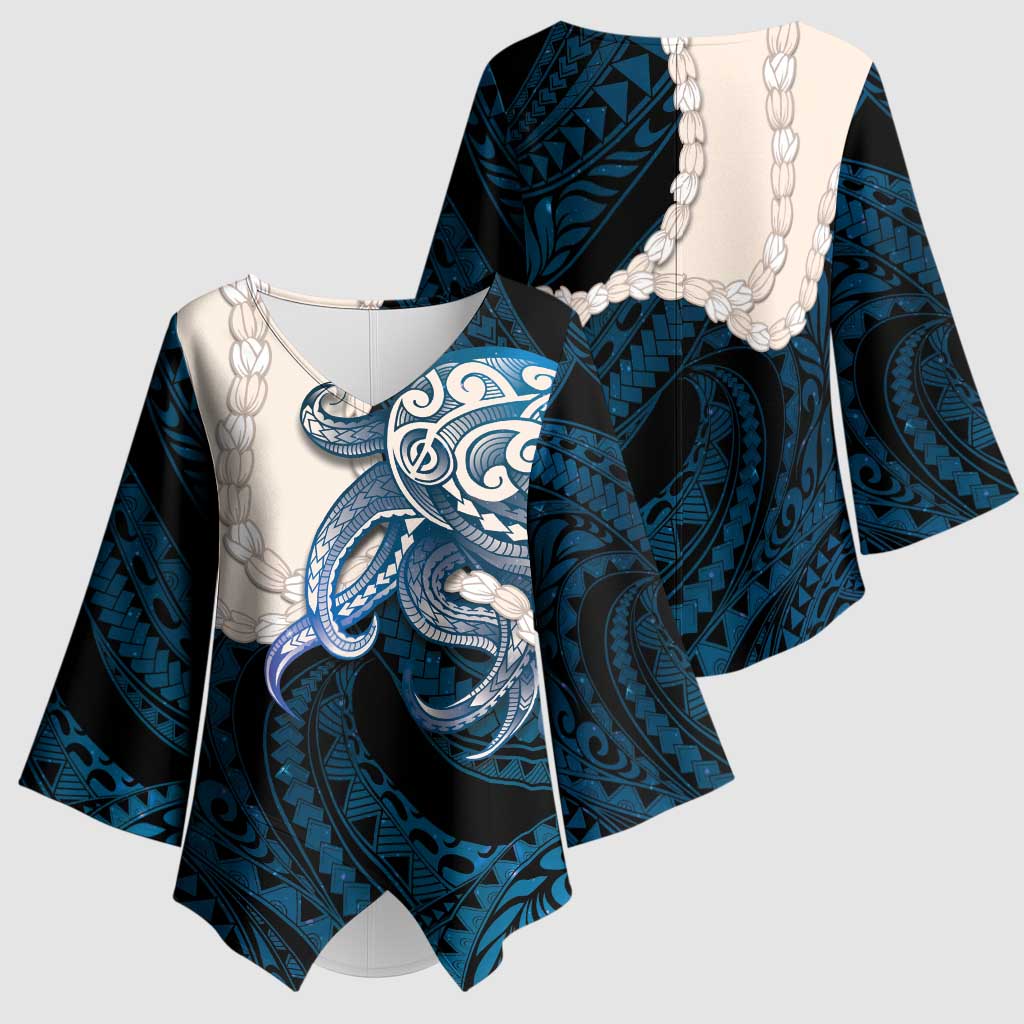 Blue Galaxy Polynesia Tribal Octopus Tattoo Kimono Sleeve Blouse Pikake Lei Polynesian Pattern