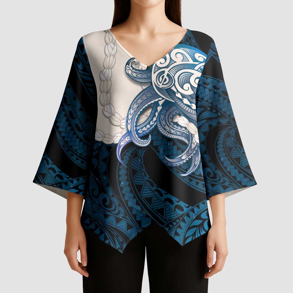 Blue Galaxy Polynesia Tribal Octopus Tattoo Kimono Sleeve Blouse Pikake Lei Polynesian Pattern