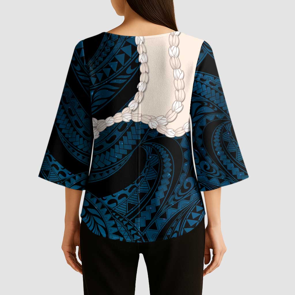 Blue Galaxy Polynesia Tribal Octopus Tattoo Kimono Sleeve Blouse Pikake Lei Polynesian Pattern