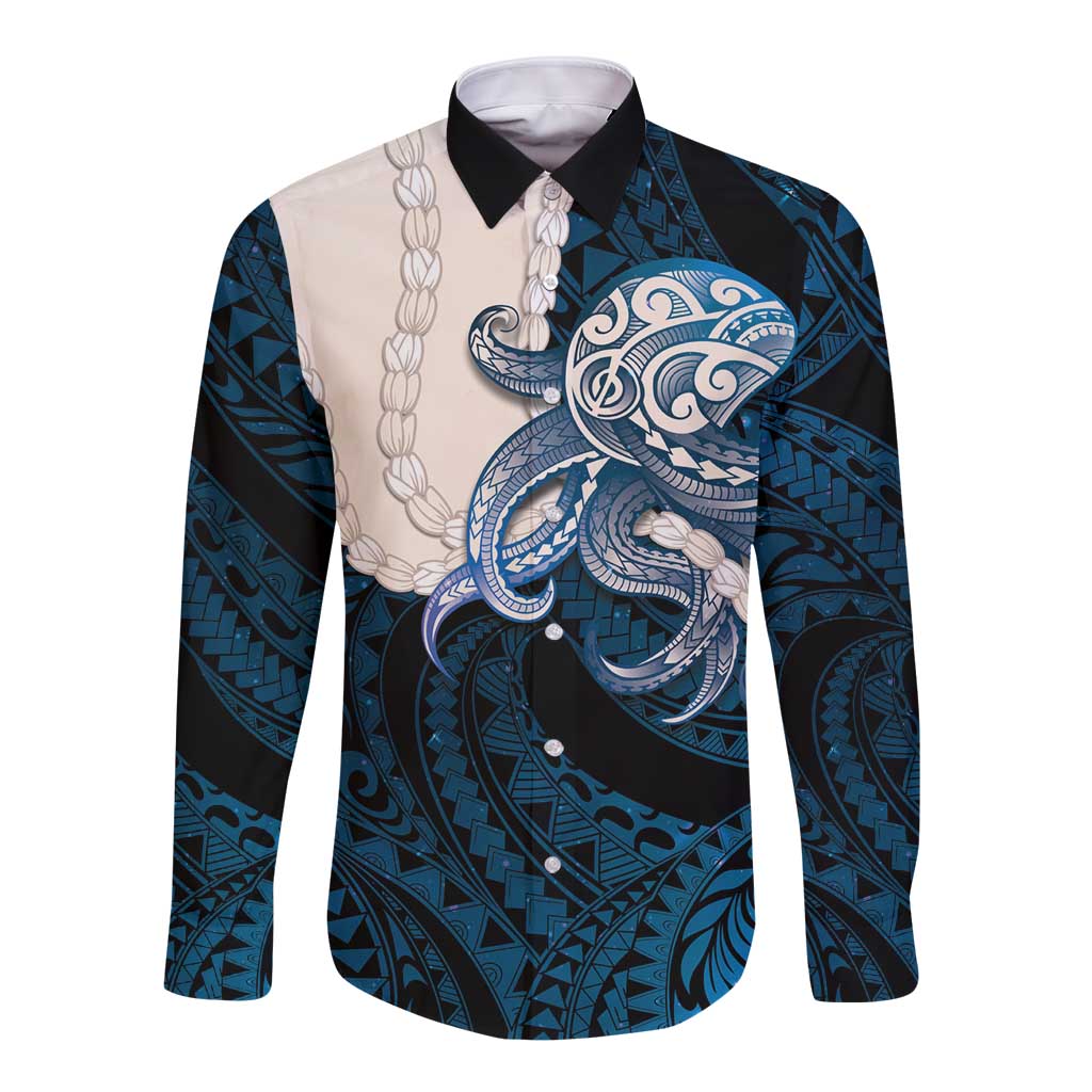Blue Galaxy Polynesia Tribal Octopus Tattoo Long Sleeve Button Shirt Pikake Lei Polynesian Pattern