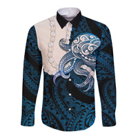 Blue Galaxy Polynesia Tribal Octopus Tattoo Long Sleeve Button Shirt Pikake Lei Polynesian Pattern