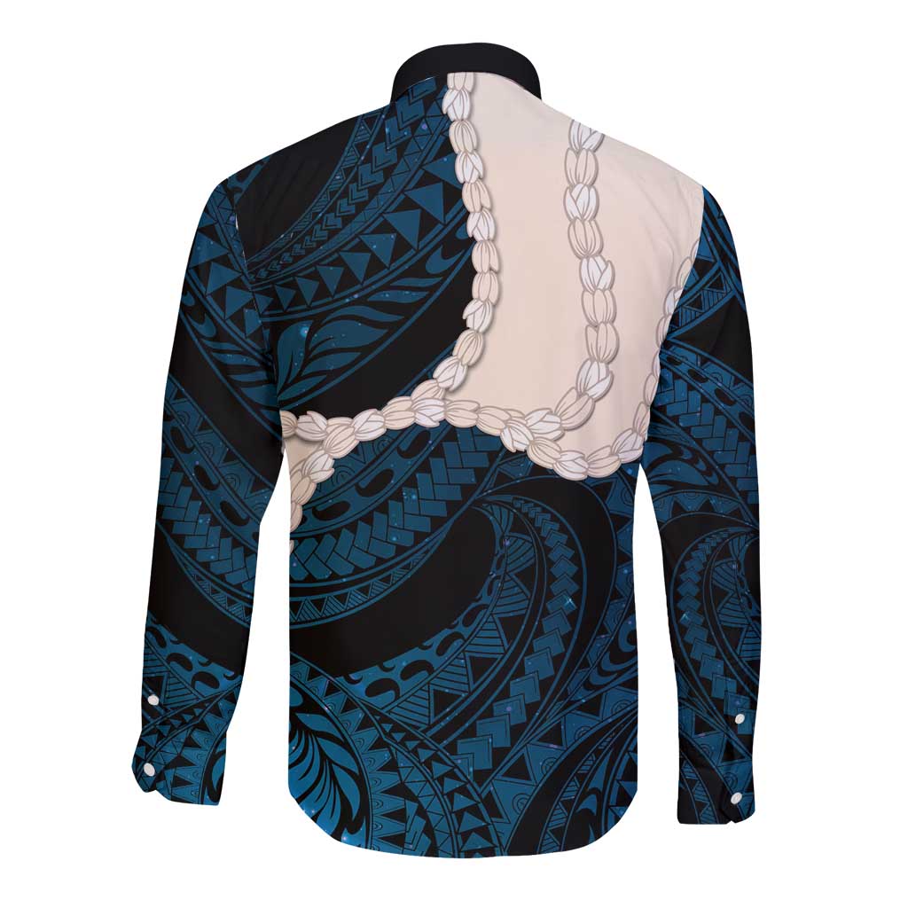 Blue Galaxy Polynesia Tribal Octopus Tattoo Long Sleeve Button Shirt Pikake Lei Polynesian Pattern