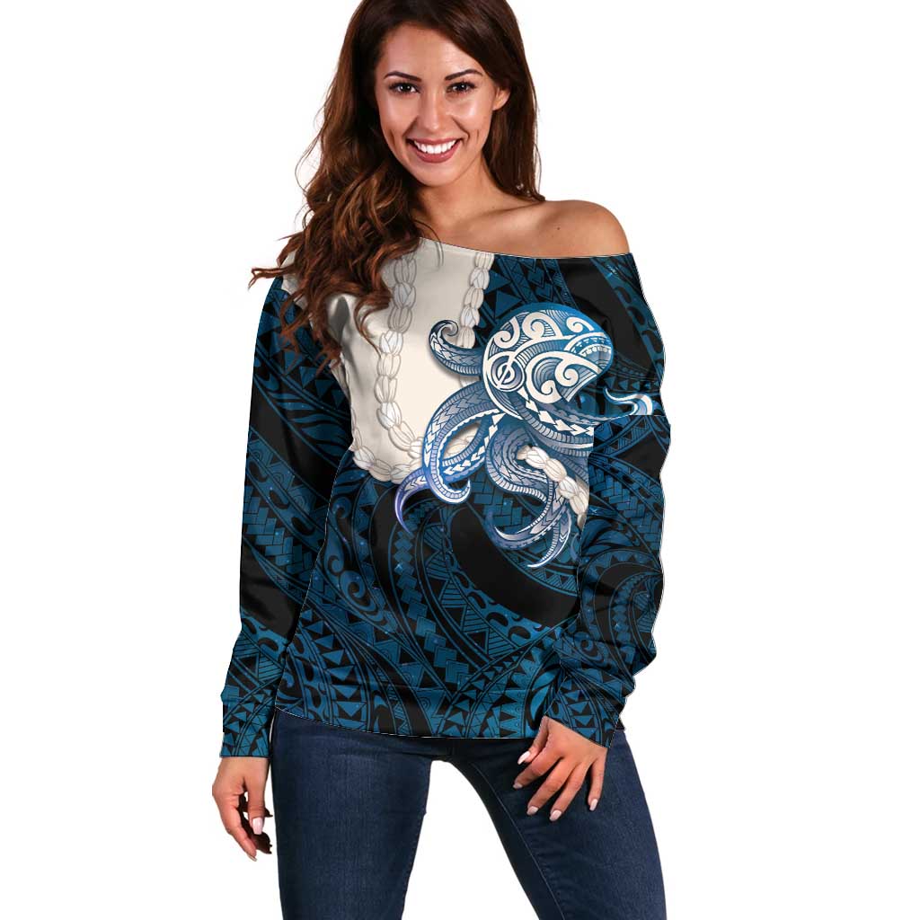 Blue Galaxy Polynesia Tribal Octopus Tattoo Off Shoulder Sweater Pikake Lei Polynesian Pattern