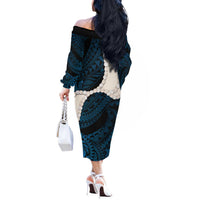 Blue Galaxy Polynesia Tribal Octopus Tattoo Off The Shoulder Long Sleeve Dress Pikake Lei Polynesian Pattern