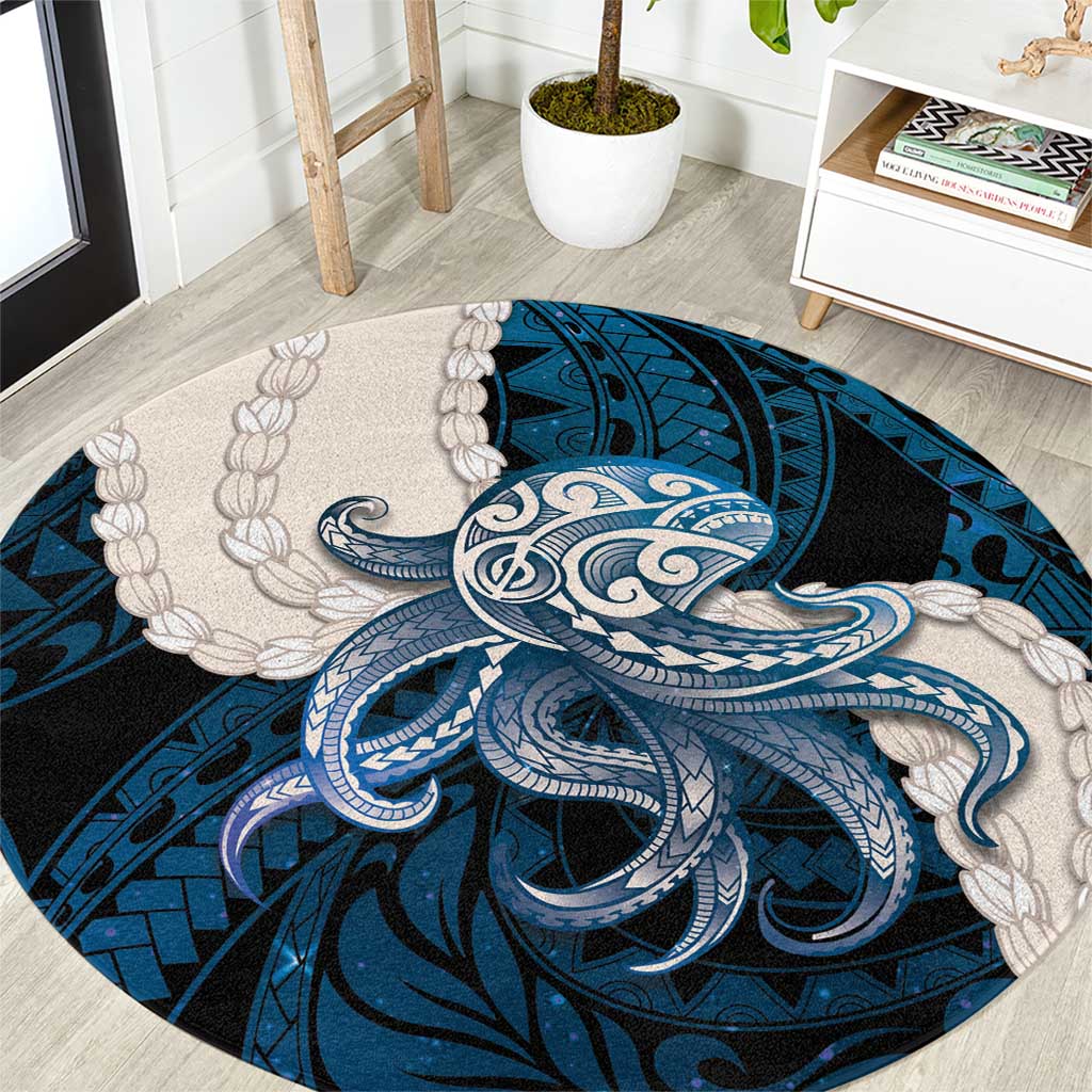 Blue Galaxy Polynesia Tribal Octopus Tattoo Round Carpet Pikake Lei Polynesian Pattern