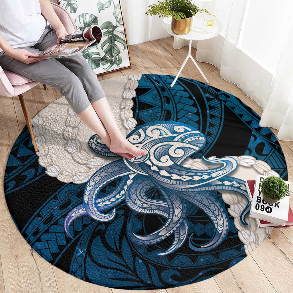 Blue Galaxy Polynesia Tribal Octopus Tattoo Round Carpet Pikake Lei Polynesian Pattern
